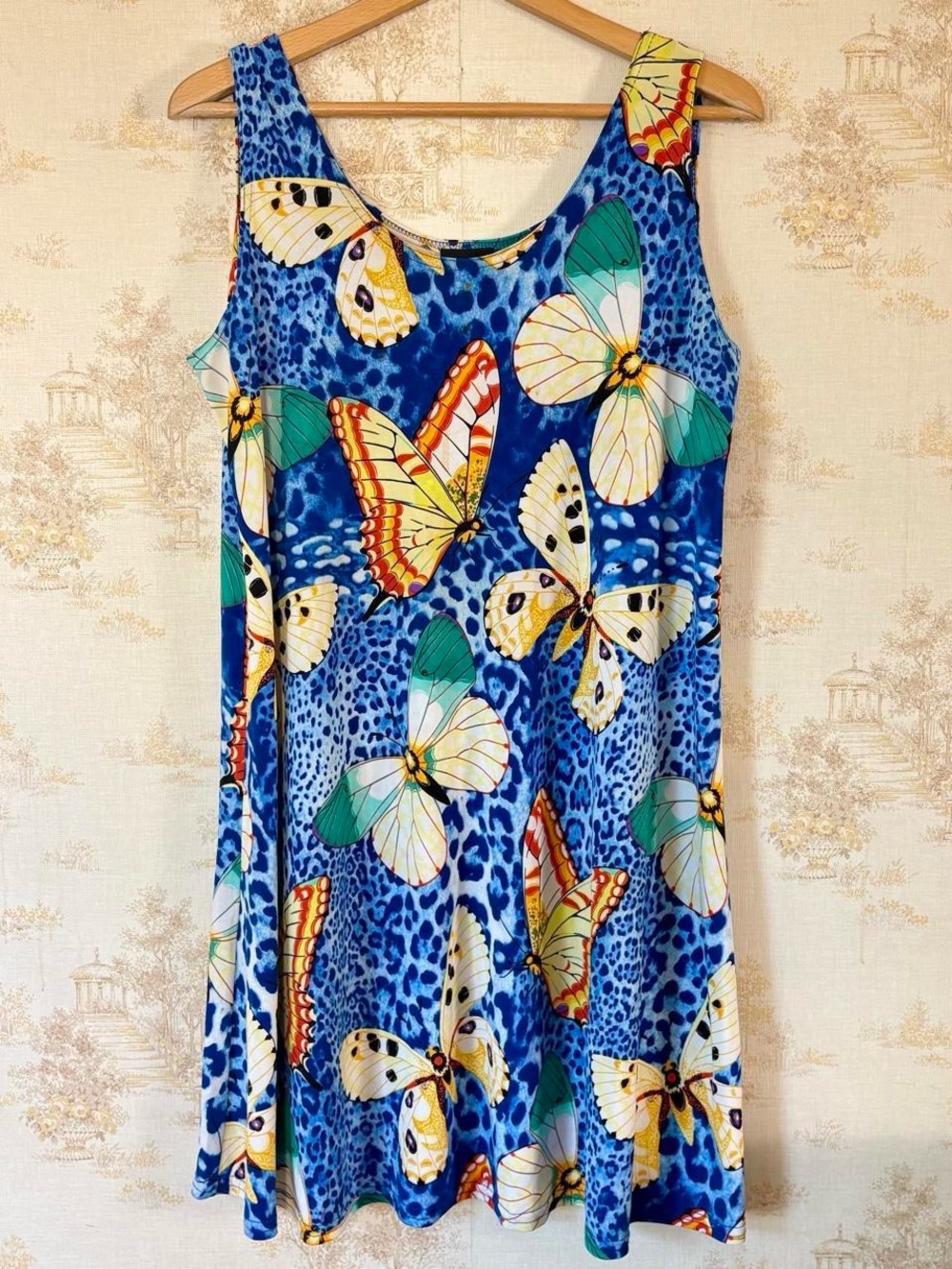 Vintage 90s Jostar Butterfly Leopard Print Blue Maximalist Mini Tank Dress L